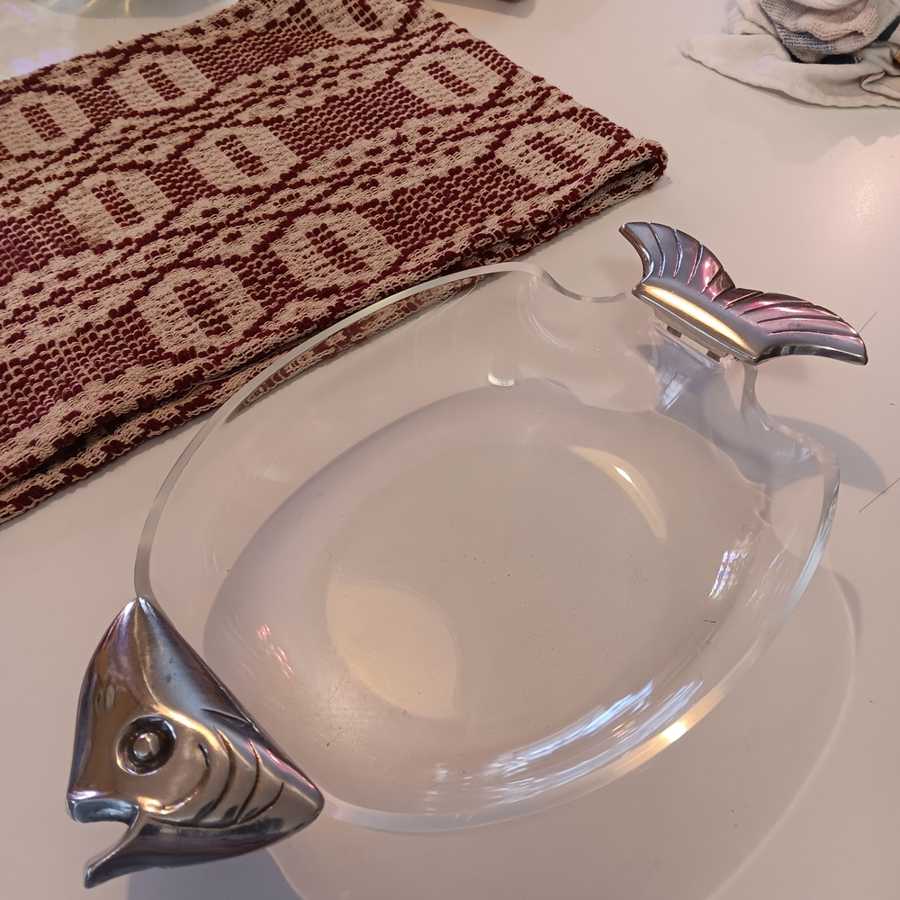 Lucite Fish-Shaped Serving Platter with Silver Accents